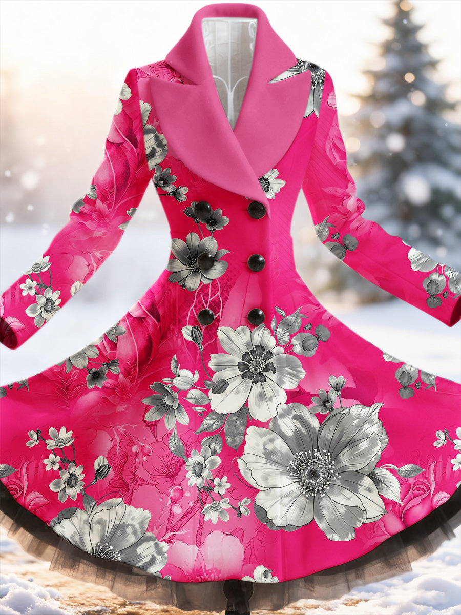 Retro Artistic Floral Print Vintage Elegance Lapel Button Up Long Sleeve Coat Dress